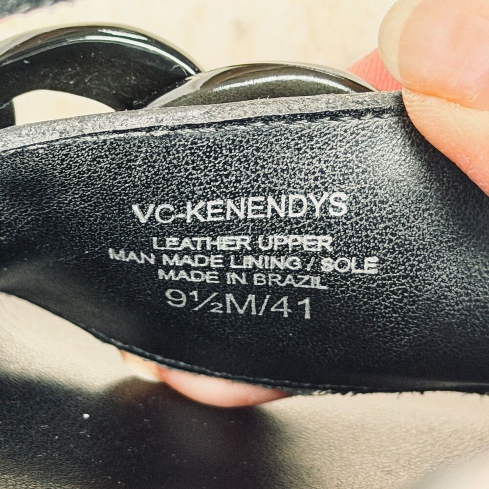 Vince Camuto Kennedys Sandals 9.5 Black Leather Shoes Chunky Chain Detail - Picture 6 of 8